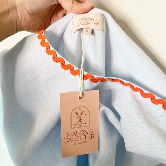 NWT Mason’s Daughter Sky Blue Linen Blend Belted Mini Dress with Red Ric Rac - Picture 7 of 7